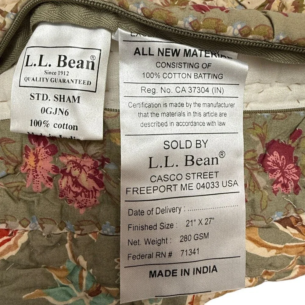 LL BEAN Quilted Pillow Sham Green Floral Rustic Farmhouse Standard Pillowcase Co